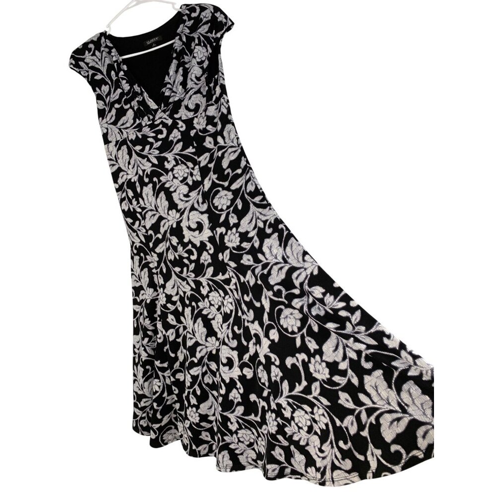 Glamour Black Floral Midi Dress Size 6 S Cap Sleeves V-Neck Lined RO10233 EUC